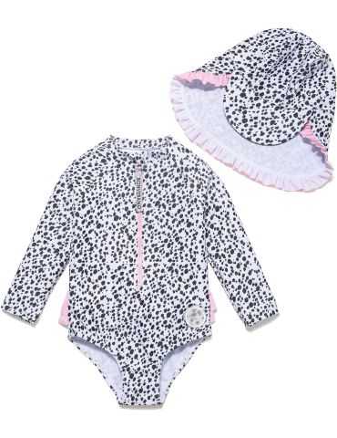 Maillot de Bain Une pièce pour bébé Fille UPF 50+ UV Rashguard avec Fermeture éclair Rashguard blancs et noirs